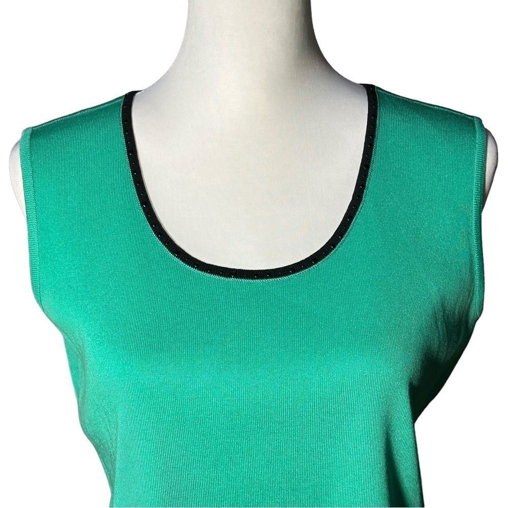 Ming Wang Green with Black Beaded Trim Round Neck Sleeveless Knit Top Sz Small